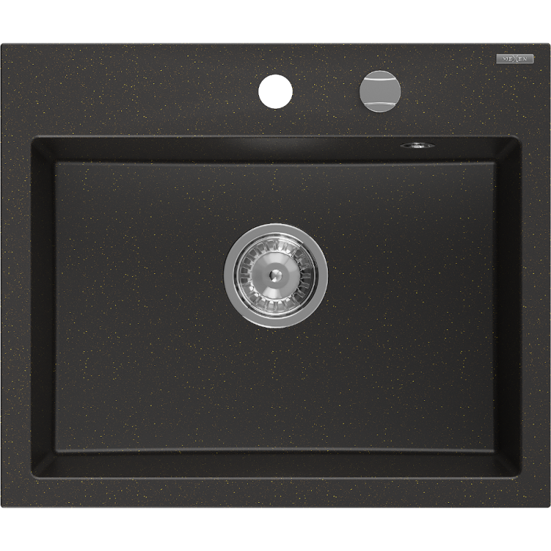 Mexen Oscar Granite Kitchen Sink 1-Bowl 580 x 490 mm, Black/Gold Metallic, Chrome Siphon - 6519581000-75