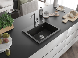 Mexen Oscar single-bowl granite sink 580 x 490 mm, black/gold metallic, chrome siphon - 6519581000-75