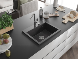 Mexen Oscar single-bowl granite sink 580 x 490 mm, black speckled, chrome siphon - 6519581000-76