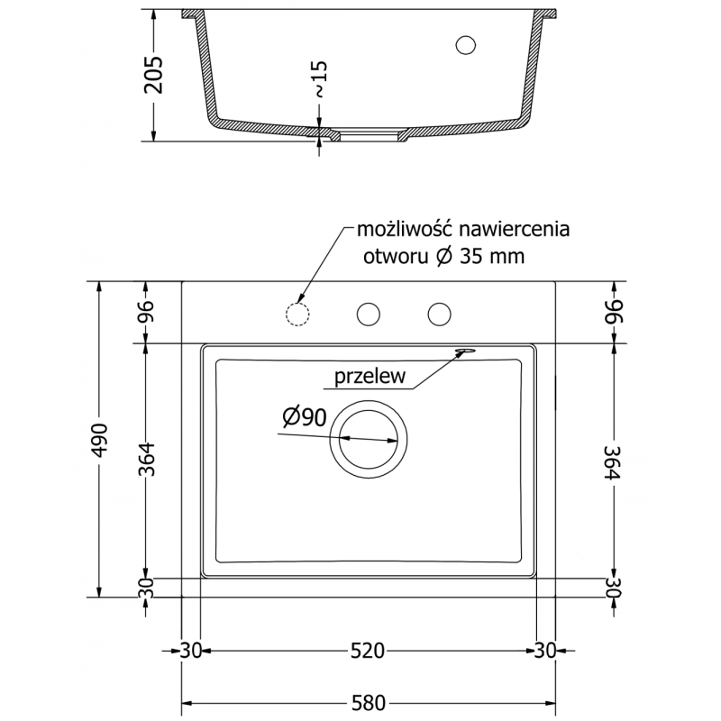 Mexen Oscar single-bowl granite sink 580 x 490 mm, black, chrome siphon - 6519581000-77