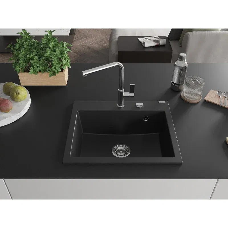 Mexen Oscar single-bowl granite sink 580 x 490 mm, black, chrome siphon - 6519581000-77