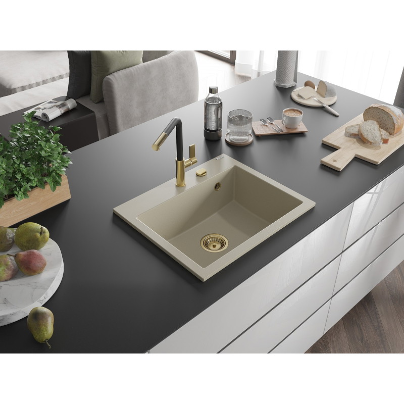 Mexen Oscar single-bowl granite sink 580 x 490 mm, beige, golden siphon - 6519581000-69-G