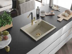 Mexen Oscar single-bowl granite sink 580 x 490 mm, beige, golden siphon - 6519581000-69-G