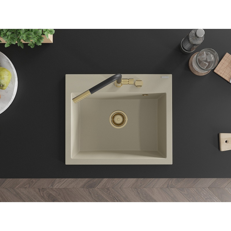 Mexen Oscar single-bowl granite sink 580 x 490 mm, beige, golden siphon - 6519581000-69-G