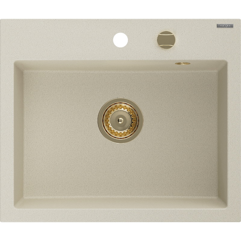 Mexen Oscar single-bowl granite sink 580 x 490 mm, beige, golden siphon - 6519581000-69-G