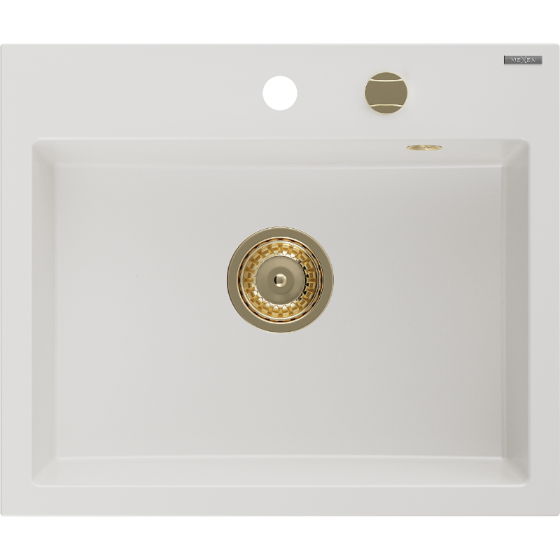Mexen Oscar granite sink 1-bowl 580 x 490 mm, white, gold siphon - 6519581000-20-G