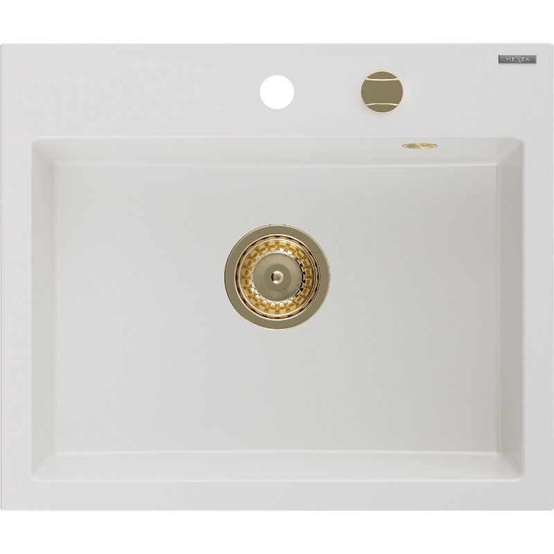 Mexen Oscar single-bowl granite sink 580 x 490 mm, white, gold siphon - 6519581000-20-G