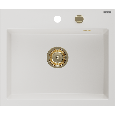 Mexen Oscar granite sink 1-bowl 580 x 490 mm, white, gold siphon - 6519581000-20-G
