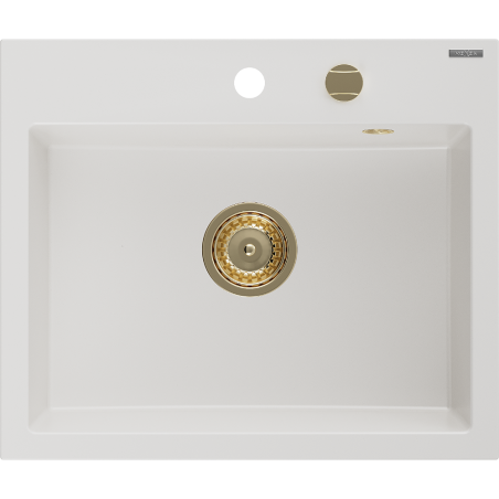 Mexen Oscar granite sink 1-bowl 580 x 490 mm, white, siphon gold - 6519581000-20-G