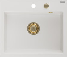 Mexen Oscar granite sink 1-bowl 580 x 490 mm, white, siphon gold - 6519581000-20-G