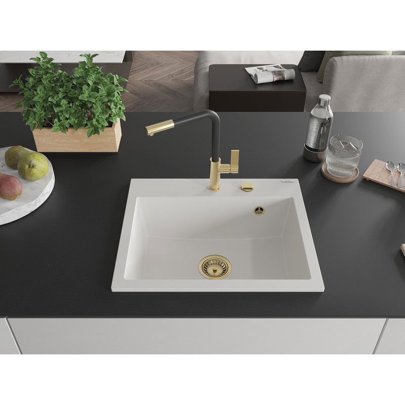 Mexen Oscar granite sink 1-bowl 580 x 490 mm, white, gold siphon - 6519581000-20-G