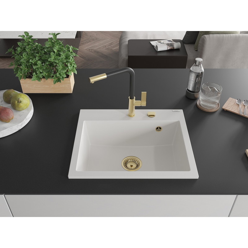 Mexen Oscar single-bowl granite sink 580 x 490 mm, white, gold siphon - 6519581000-20-G