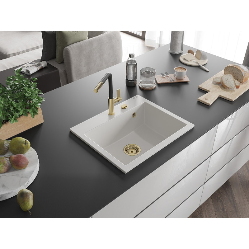 Mexen Oscar single-bowl granite sink 580 x 490 mm, white, gold siphon - 6519581000-20-G