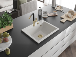Mexen Oscar granite sink 1-bowl 580 x 490 mm, white, siphon gold - 6519581000-20-G