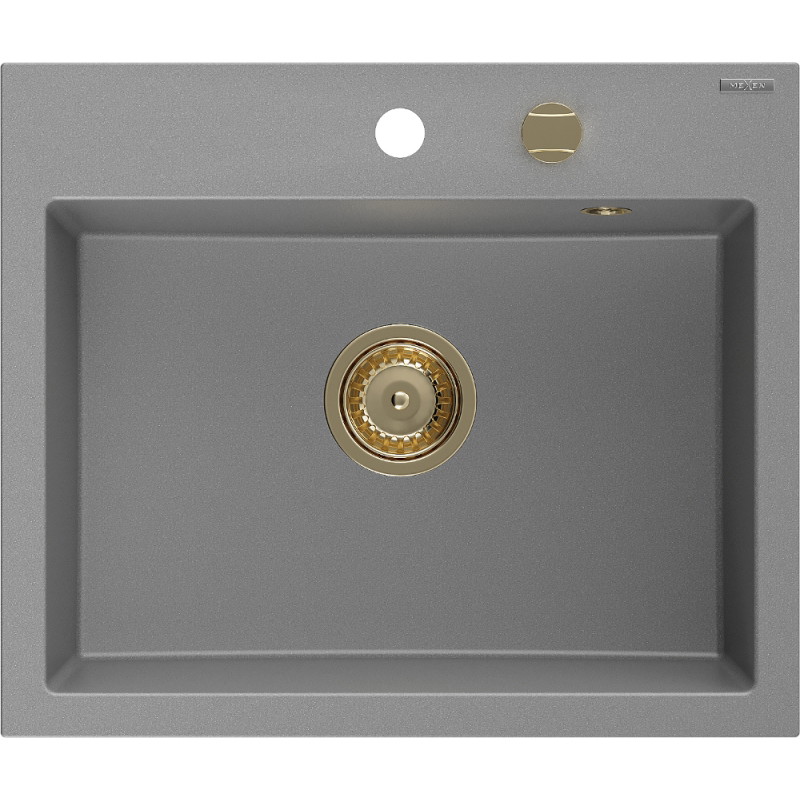 Mexen Oscar single-bowl granite sink 580 x 490 mm, gray, golden siphon - 6519581000-71-G