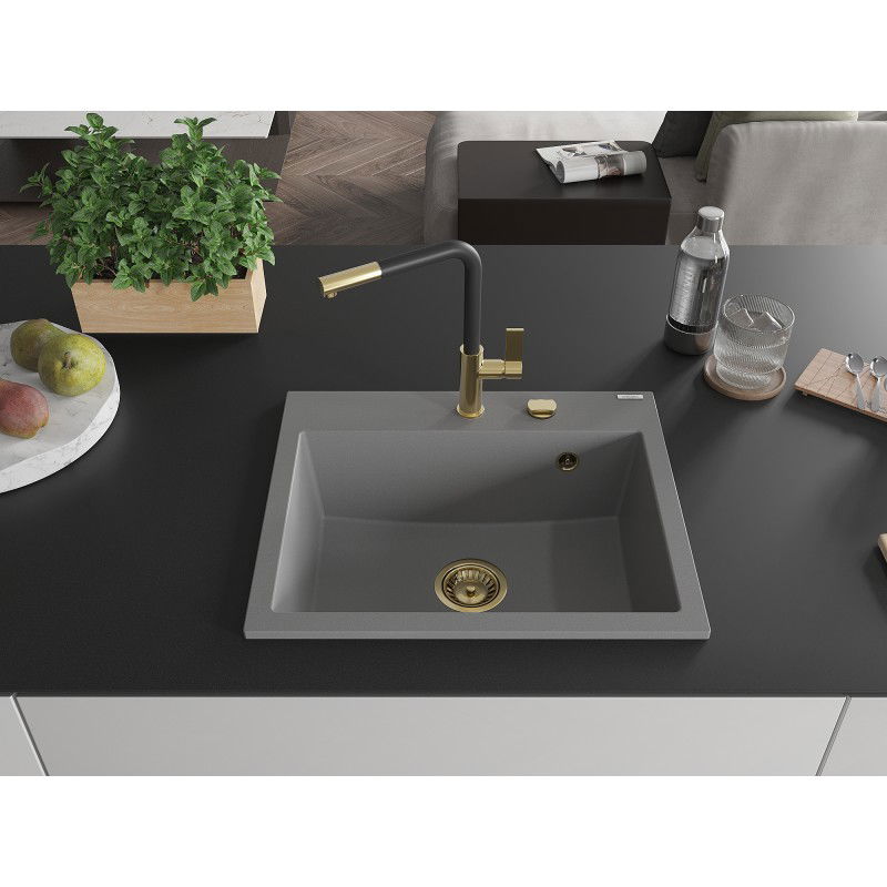 Mexen Oscar granite sink 1-bowl 580 x 490 mm, grey, golden siphon - 6519581000-71-G