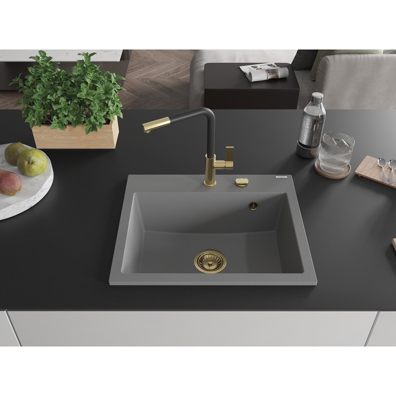 Mexen Oscar single-bowl granite sink 580 x 490 mm, gray, golden siphon - 6519581000-71-G