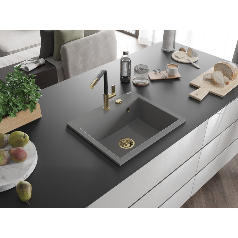 Mexen Oscar single-bowl granite sink 580 x 490 mm, gray, golden siphon - 6519581000-71-G
