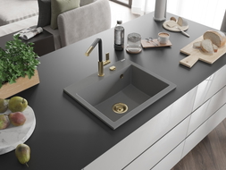 Mexen Oscar single-bowl granite sink 580 x 490 mm, gray, golden siphon - 6519581000-71-G