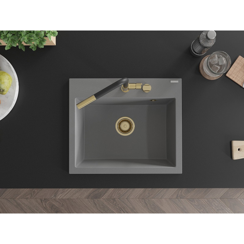 Mexen Oscar single-bowl granite sink 580 x 490 mm, gray, golden siphon - 6519581000-71-G