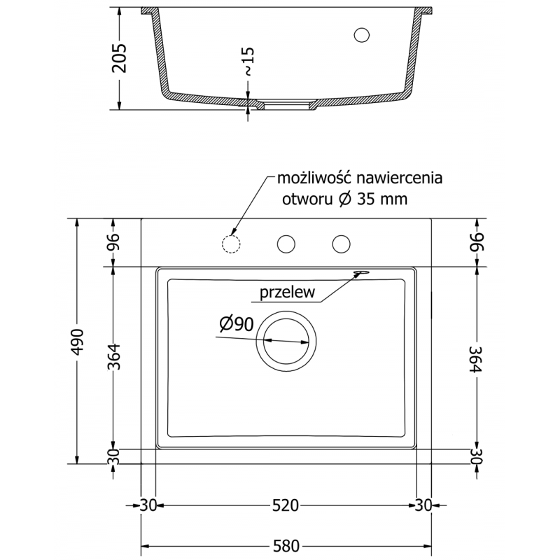 Mexen Oscar 1-bowl granite sink 580 x 490 mm, black/silver metallic, gold siphon - 6519581000-73-G