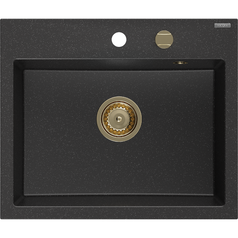 Mexen Oscar granite sink 1-bowl 580 x 490 mm, black/silver metallic, gold siphon - 6519581000-73-G