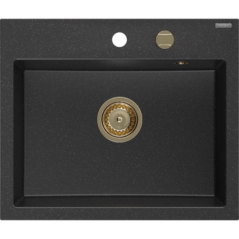 Mexen Oscar granite sink 1-chamber 580 x 490 mm, black/silver metallic, gold siphon - 6519581000-73-G
