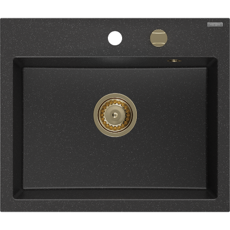 Mexen Oscar granite sink 1-bowl 580 x 490 mm, black/silver metallic, gold siphon - 6519581000-73-G