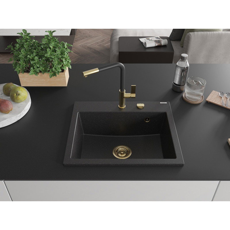 Mexen Oscar granite sink 1-chamber 580 x 490 mm, black/silver metallic, gold siphon - 6519581000-73-G