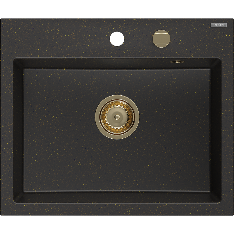 Mexen Oscar granite sink 1-bowl 580 x 490 mm, black/gold metallic, gold siphon - 6519581000-75-G