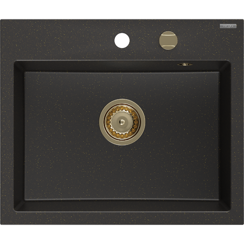 Mexen Oscar granite sink 1-bowl 580 x 490 mm, black/gold metallic, golden siphon - 6519581000-75-G