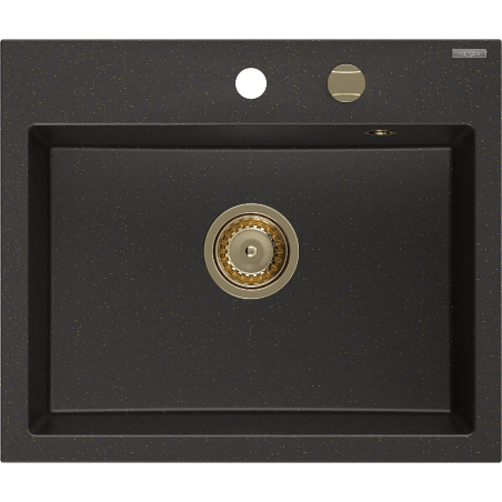 Mexen Oscar granite sink 1-bowl 580 x 490 mm, black/gold metallic, gold siphon - 6519581000-75-G