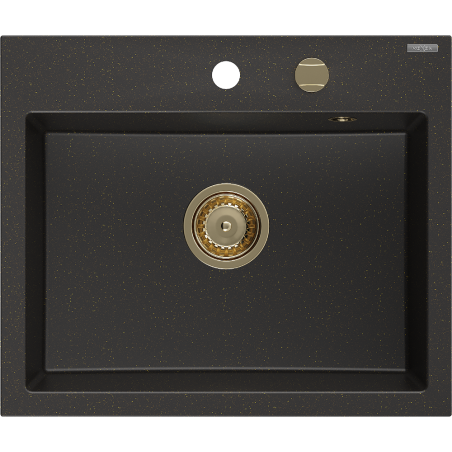 Mexen Oscar granite sink 1-bowl 580 x 490 mm, black/gold metallic, golden siphon - 6519581000-75-G