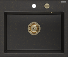 Mexen Oscar granite sink 1-bowl 580 x 490 mm, black/gold metallic, golden siphon - 6519581000-75-G