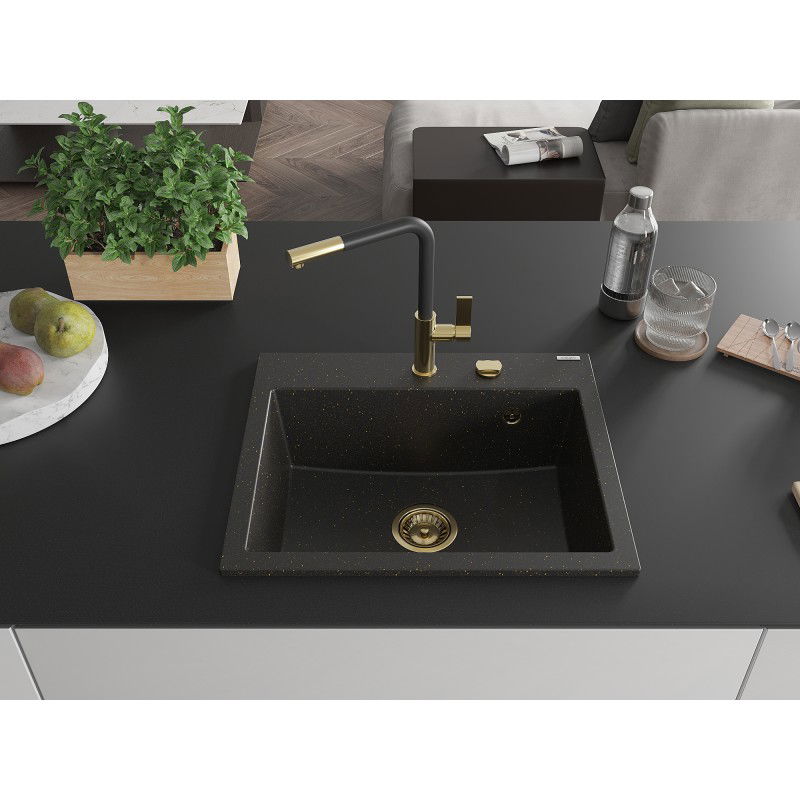 Mexen Oscar granite sink 1-bowl 580 x 490 mm, black/gold metallic, gold siphon - 6519581000-75-G