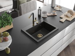 Mexen Oscar granite sink 1-bowl 580 x 490 mm, black/gold metallic, golden siphon - 6519581000-75-G