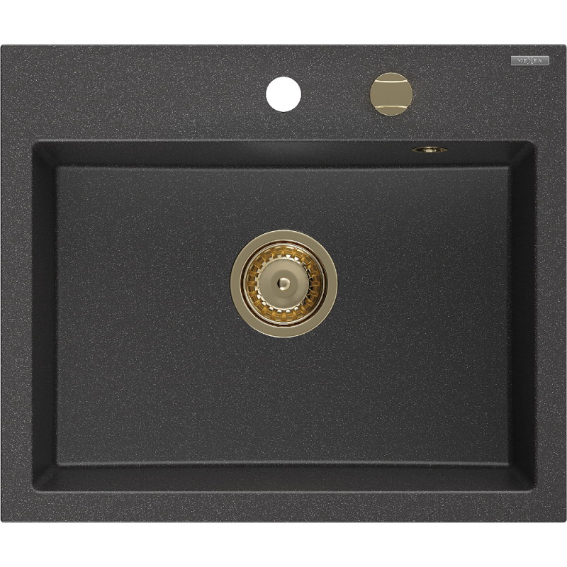 Mexen Oscar 1-Bowl Granite Sink 580 x 490 mm, Black Speckled, Gold Siphon - 6519581000-76-G