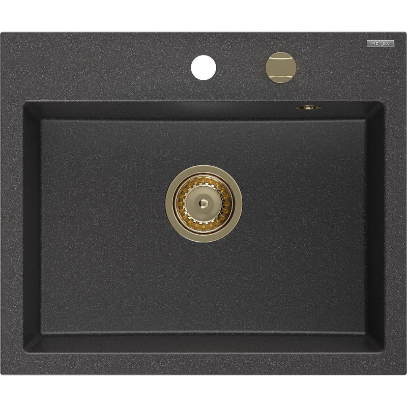 Mexen Oscar 1-bowl granite sink 580 x 490 mm, speckled black, gold siphon - 6519581000-76-G