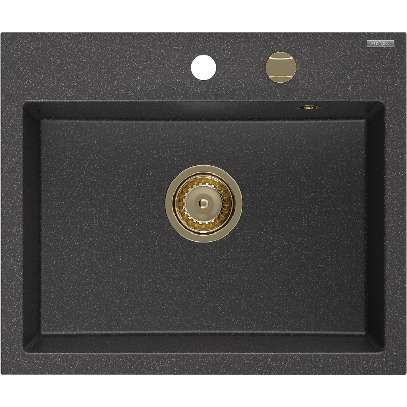 Mexen Oscar granite sink 1-bowl 580 x 490 mm, speckled black, golden siphon - 6519581000-76-G