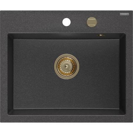 Mexen Oscar 1-bowl granite sink 580 x 490 mm, speckled black, gold siphon - 6519581000-76-G