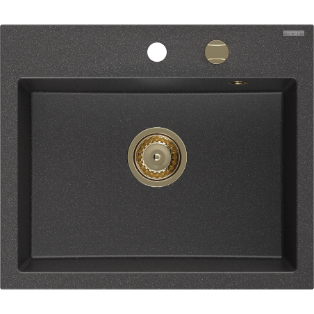 Mexen Oscar granite sink 1-bowl 580 x 490 mm, speckled black, golden siphon - 6519581000-76-G