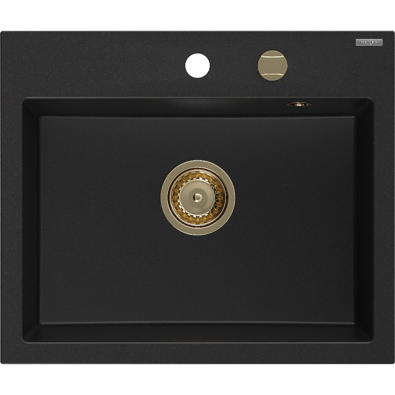 Mexen Oscar granite kitchen sink 1-bowl 580 x 490 mm, black, gold siphon - 6519581000-77-G