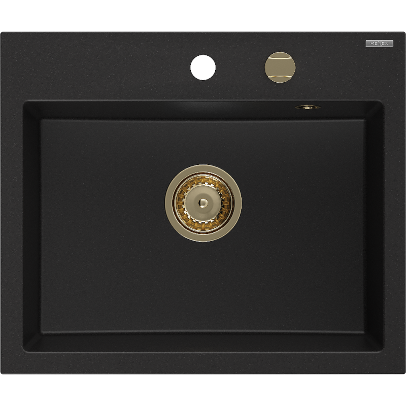 Mexen Oscar granite sink 1-bowl 580 x 490 mm, black, gold siphon - 6519581000-77-G