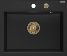 Mexen Oscar granite sink 1-bowl 580 x 490 mm, black, gold siphon - 6519581000-77-G