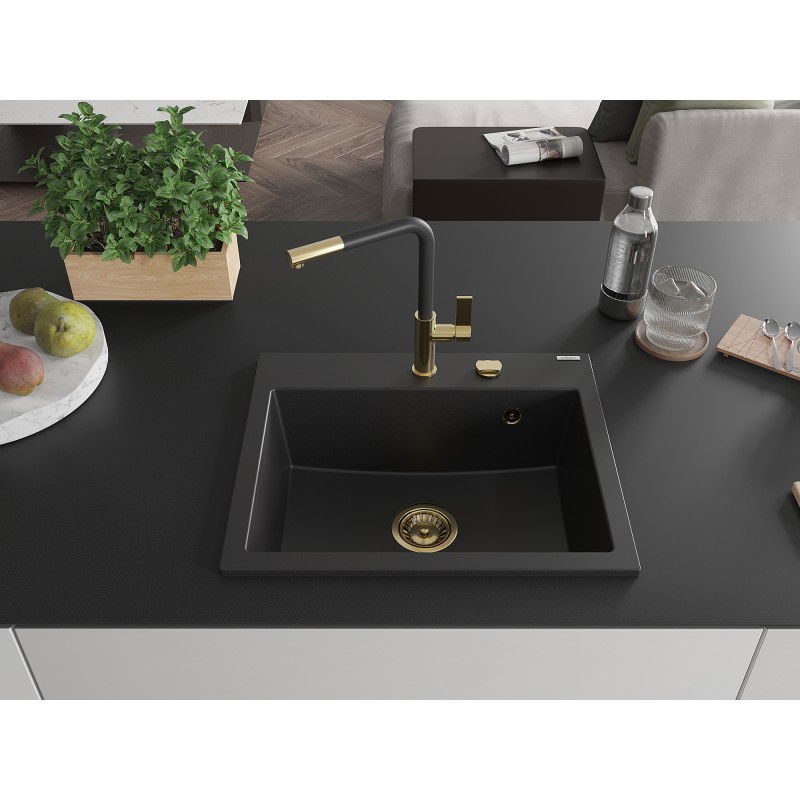 Mexen Oscar granite sink 1-bowl 580 x 490 mm, black, gold siphon - 6519581000-77-G