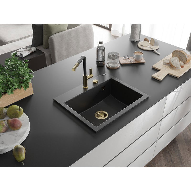 Mexen Oscar granite sink 1-bowl 580 x 490 mm, black, gold siphon - 6519581000-77-G