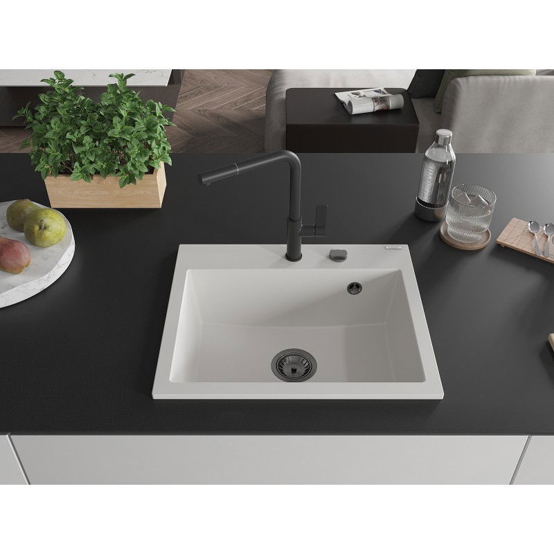 Mexen Oscar granite sink, 1-bowl, 580 x 490 mm, white, black siphon - 6519581000-20-B