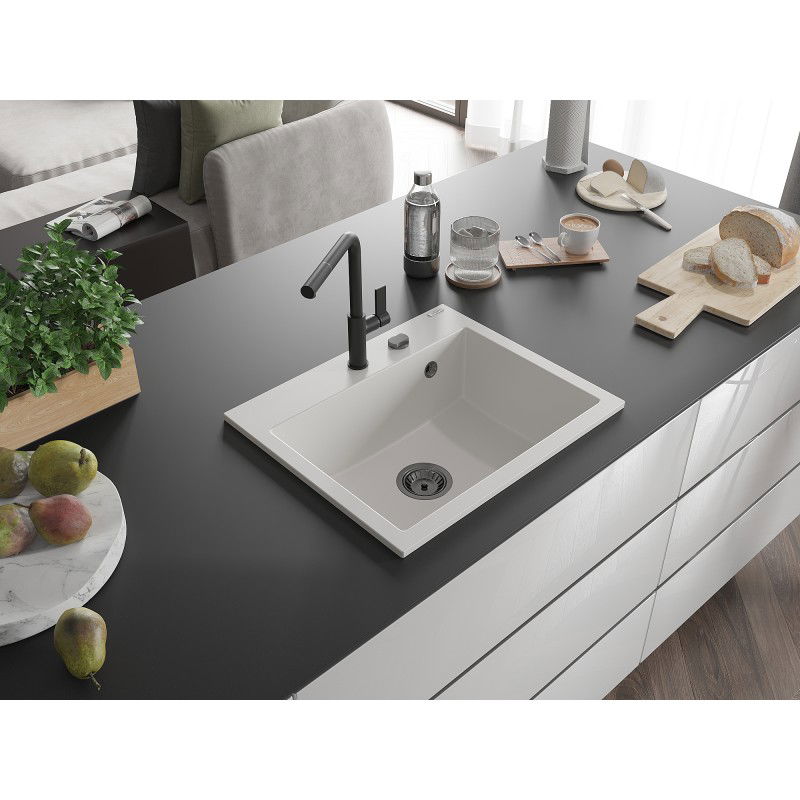Mexen Oscar granite sink, 1-bowl, 580 x 490 mm, white, black siphon - 6519581000-20-B