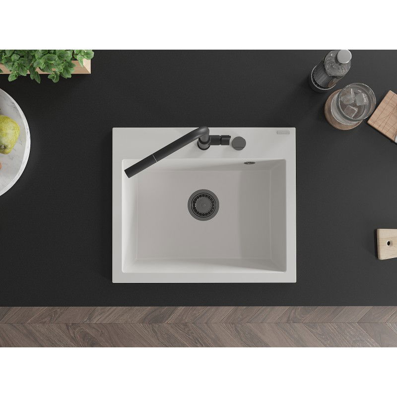 Mexen Oscar granite sink, 1-bowl, 580 x 490 mm, white, black siphon - 6519581000-20-B