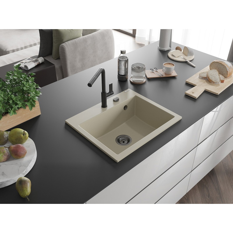 Mexen Oscar granit sink 1-bowl 580 x 490 mm, beige, black siphon - 6519581000-69-B